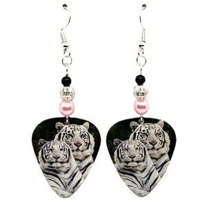 White Tiger Tigers on Guitar Pick Beaded Earrings - Handmade in USA